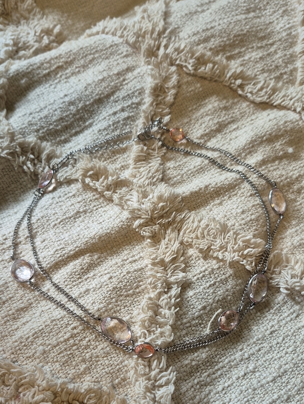 Delicate Pink Crystal Long Siver Tone Chain Women's Necklace